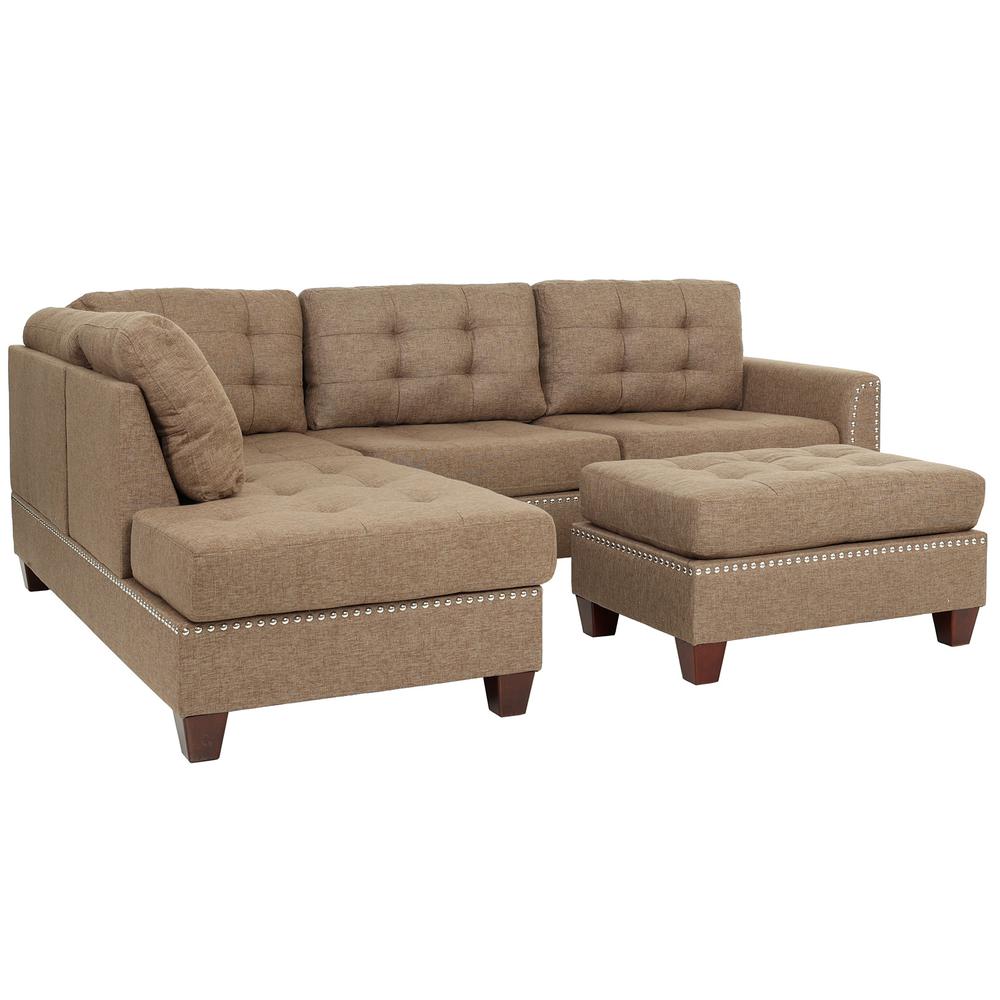Poundex 3 Piece Fabric Sectional Set with Ottoman in Coffee, 104" W x 75" D x 35" H, Package Weight 97. Picture 1