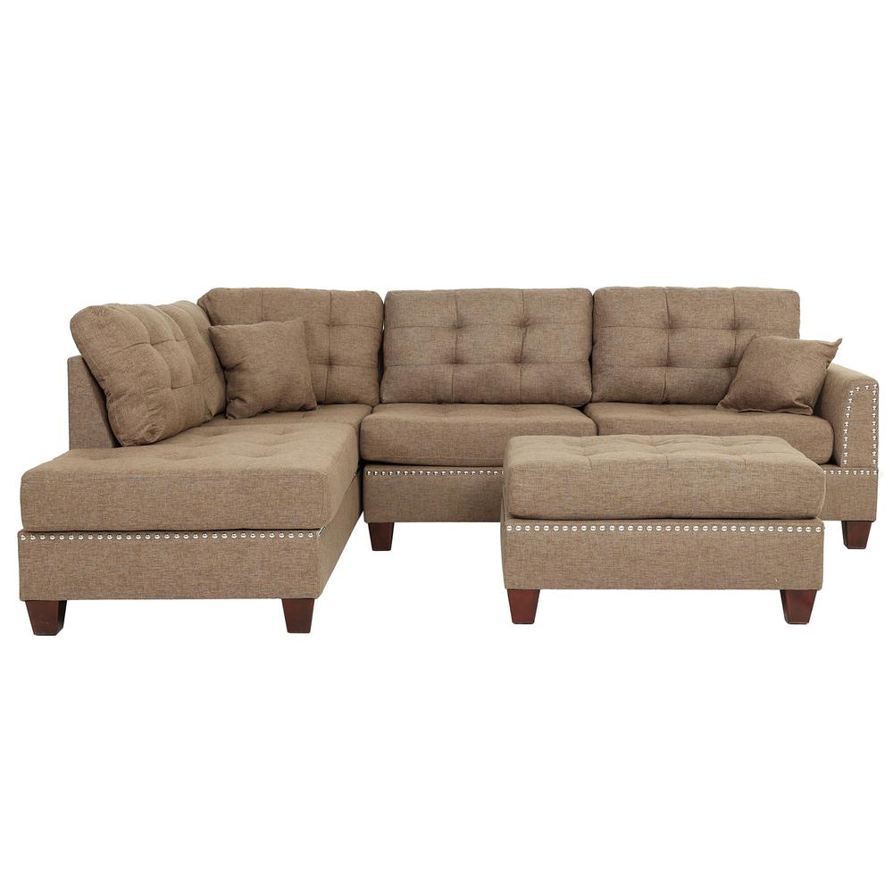Poundex 3 Piece Fabric Sectional Set with Ottoman in Coffee, 104" W x 75" D x 35" H, Package Weight 97. Picture 5