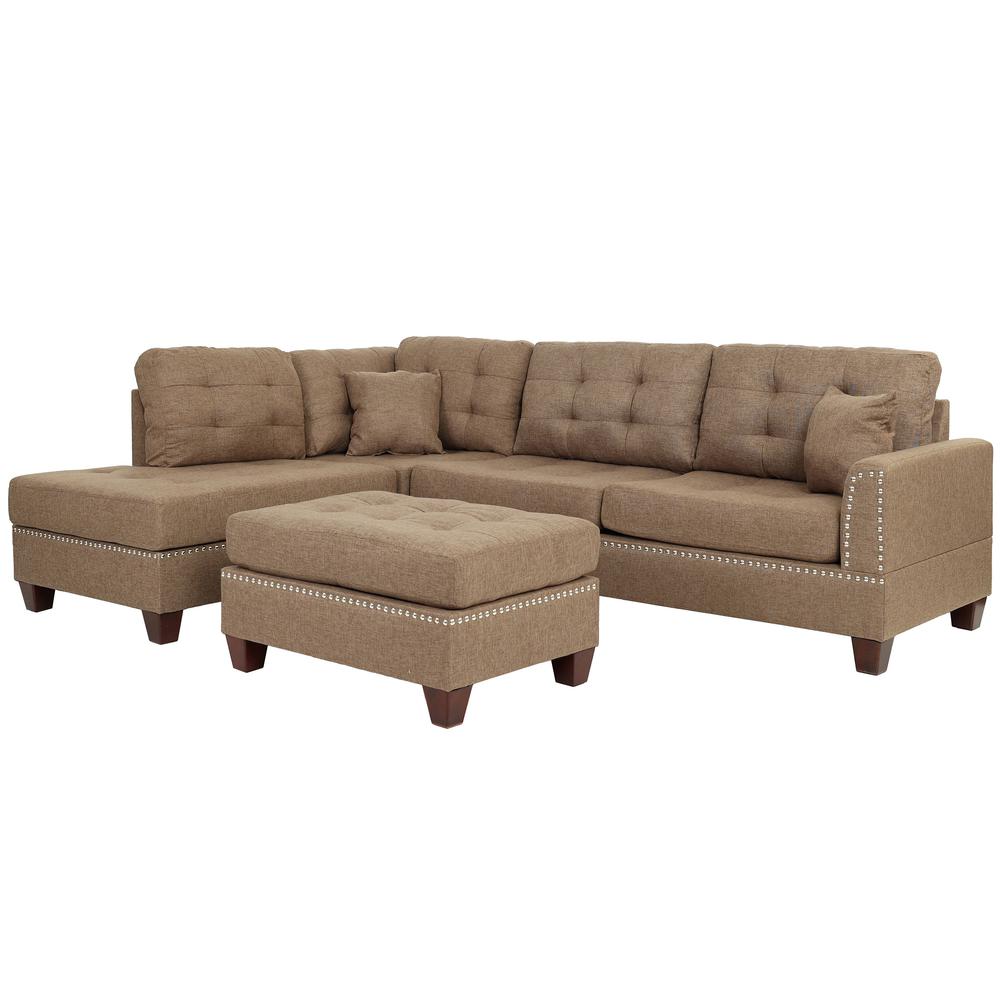 Poundex 3 Piece Fabric Sectional Set with Ottoman in Coffee, 104" W x 75" D x 35" H, Package Weight 97. Picture 8
