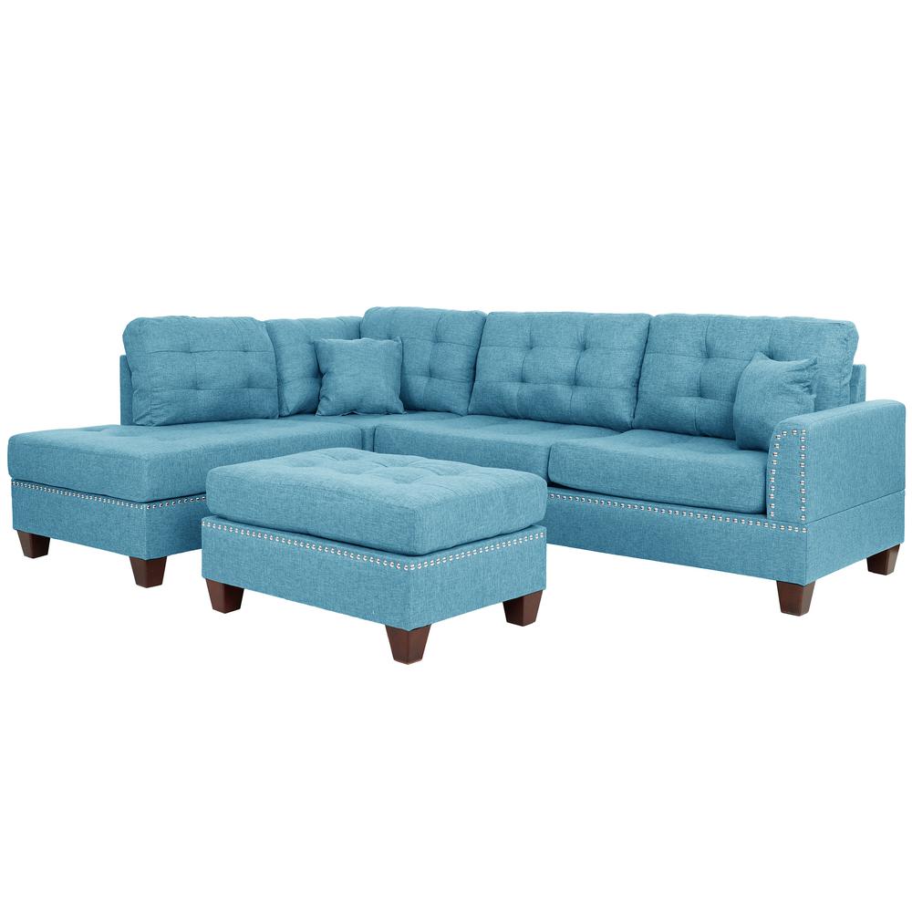 Poundex 3 Piece Fabric Sectional Set with Ottoman in Blue Gray, 104" W x 75" D x 35" H, Package Weight 97. Picture 1