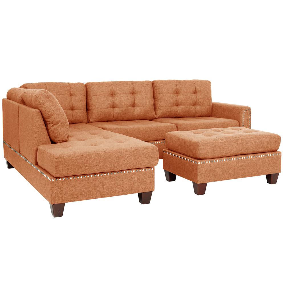 Poundex 3 Piece Fabric Sectional Set with Ottoman in Citrus Orange, 104" W x 75" D x 35" H, Package Weight 97. Picture 2