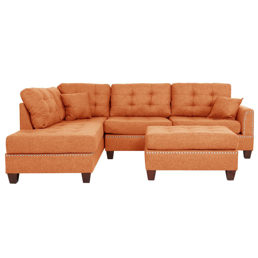 Poundex 3 Piece Fabric Sectional Set with Ottoman in Citrus Orange, 104" W x 75" D x 35" H, Package Weight 97. Picture 4
