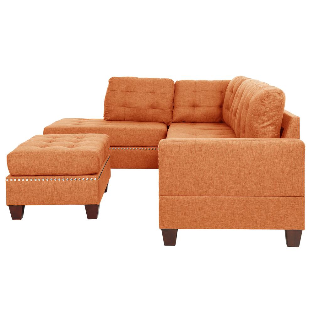 Poundex 3 Piece Fabric Sectional Set with Ottoman in Citrus Orange, 104" W x 75" D x 35" H, Package Weight 97. Picture 5