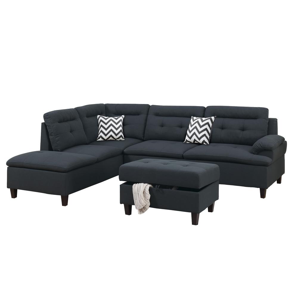 Poundex 3 Piece Fabric Sectional Set with Storage Ottoman in Black, 105" W x 77" D x 37" H, Package Weight 96. Picture 1