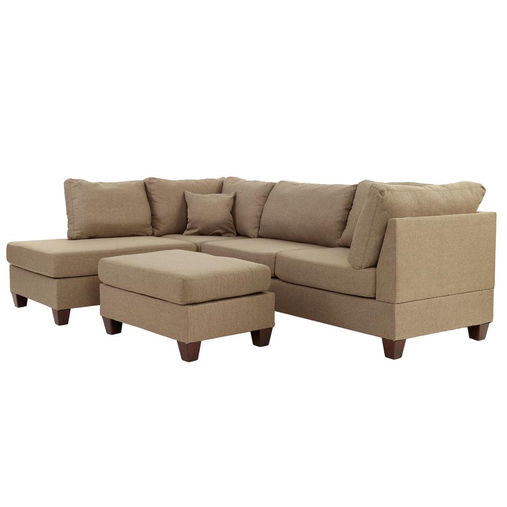 Poundex 3 Piece Fabric Sectional Set with Ottoman in Sand Brown, 104" W x 75" D x 35" H, Package Weight 86. Picture 2
