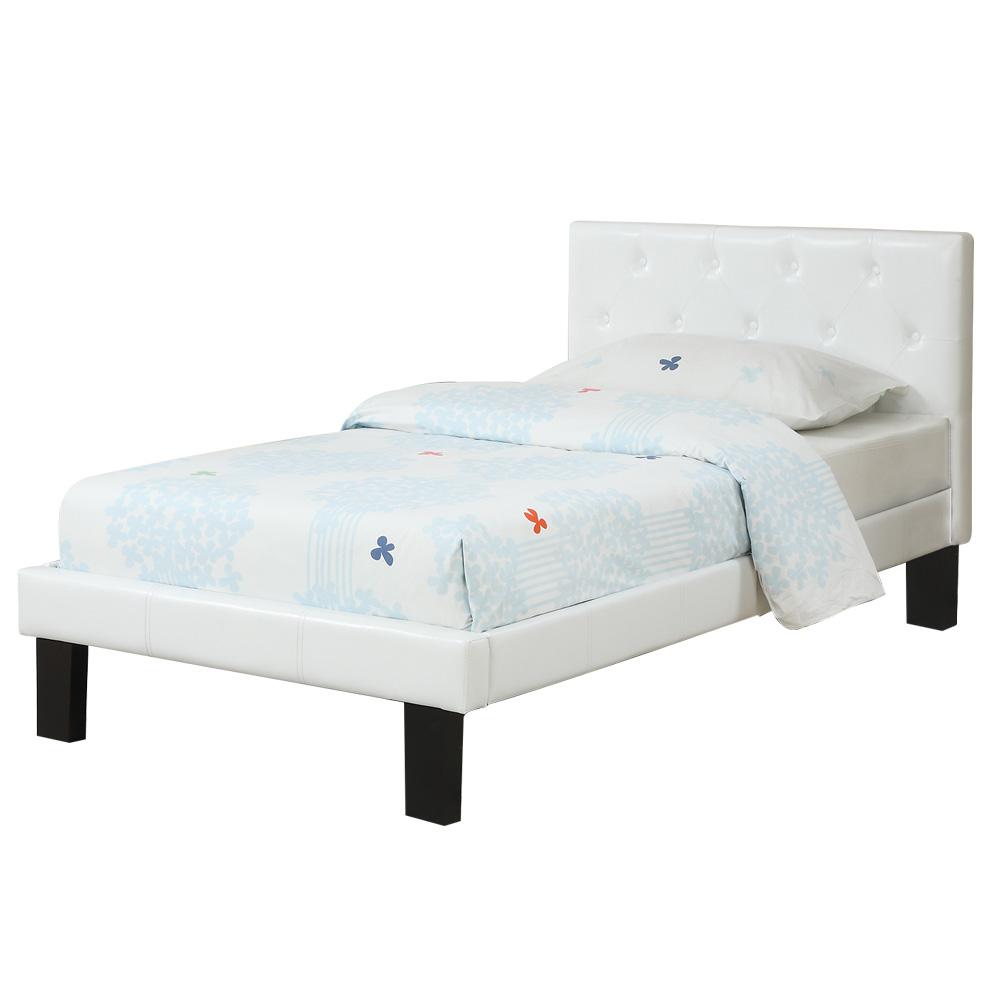 Twin Upholstered Bed Frame with Slats in White Faux Leather. Picture 1
