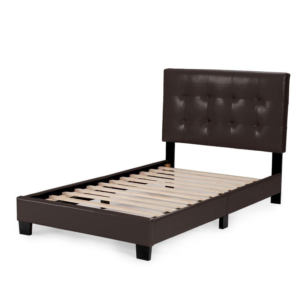 Twin Upholstered Bed Frame with Slats in Brown Faux Leather. Picture 1