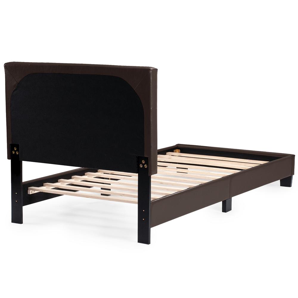 Twin Upholstered Bed Frame with Slats in Brown Faux Leather. Picture 2
