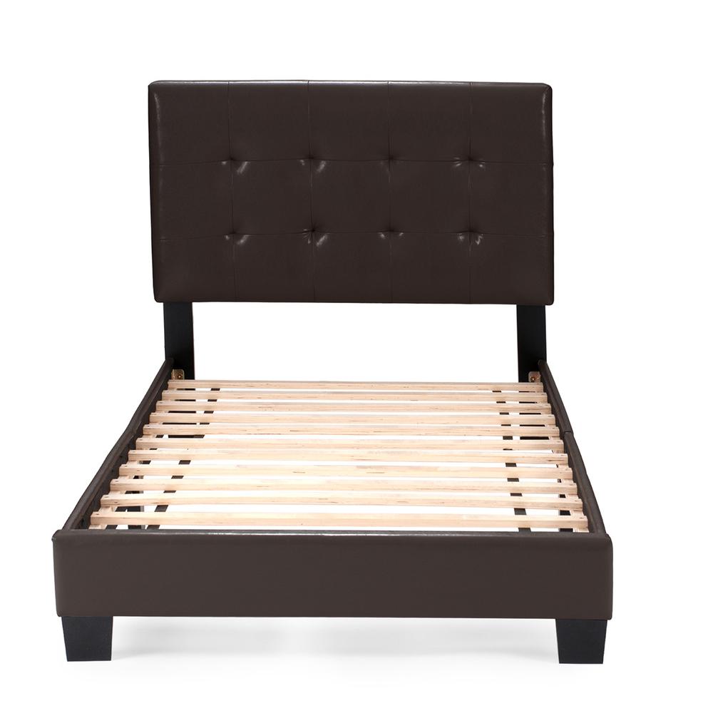 Twin Upholstered Bed Frame with Slats in Brown Faux Leather. Picture 3