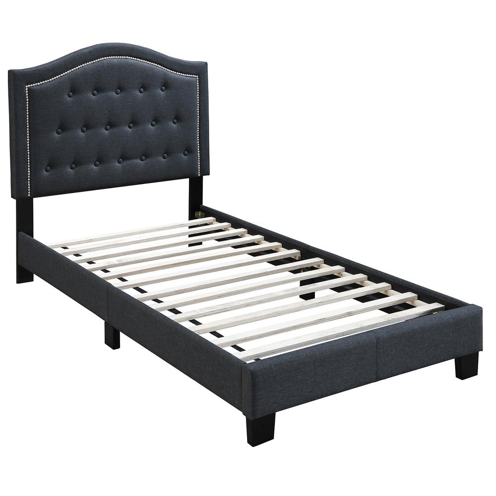 PoundexTwin Upholstered Bed Frame with Slats in Charcoal Burlap Fabric. Picture 1