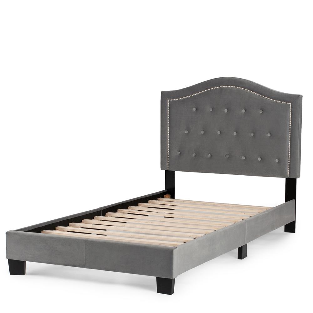 Twin Upholstered Bed Frame with Slats in Gray Velvet Fabric. Picture 1