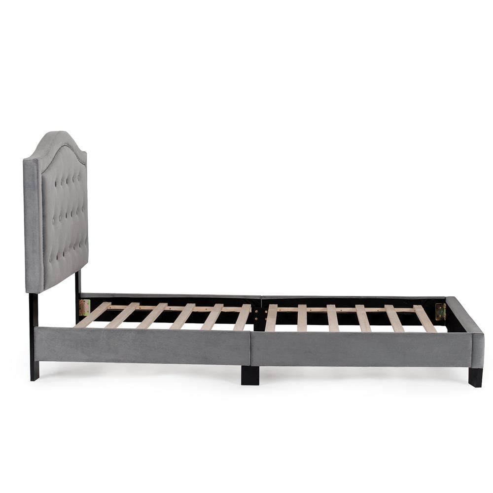 Twin Upholstered Bed Frame with Slats in Gray Velvet Fabric. Picture 3