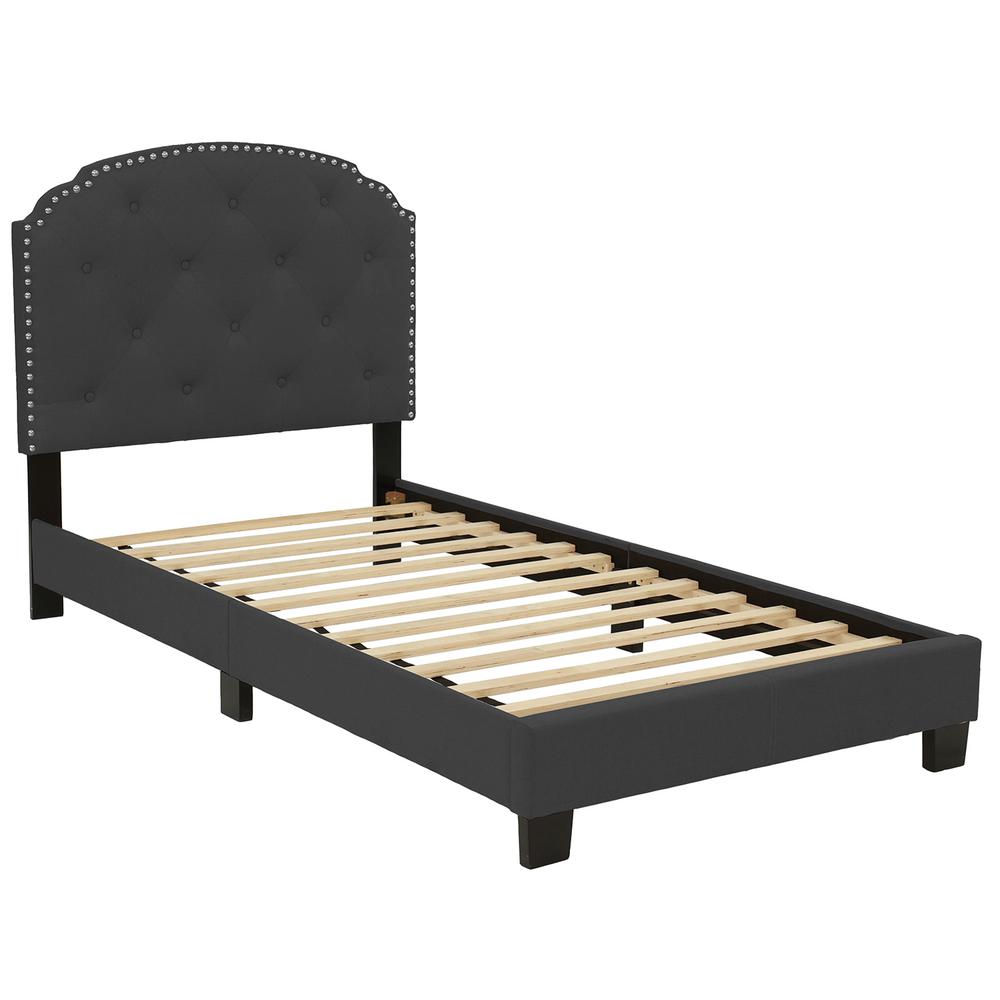 Twin Upholstered Bed Frame with Slats in Charcoal Burlap Fabric. Picture 1