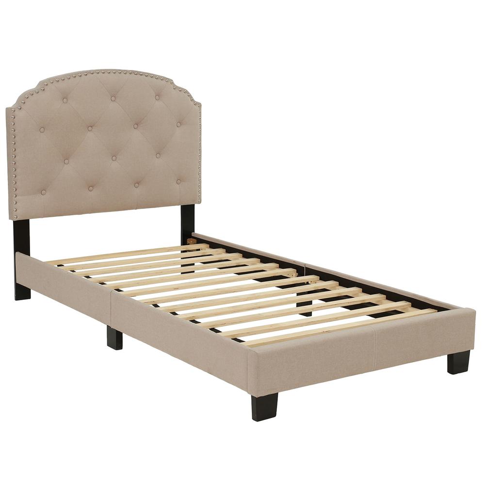 Twin Upholstered Bed Frame with Slats in Light Brown Burlap Fabric. Picture 1