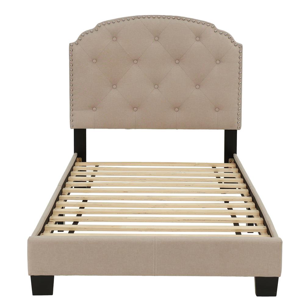 Twin Upholstered Bed Frame with Slats in Light Brown Burlap Fabric. Picture 3
