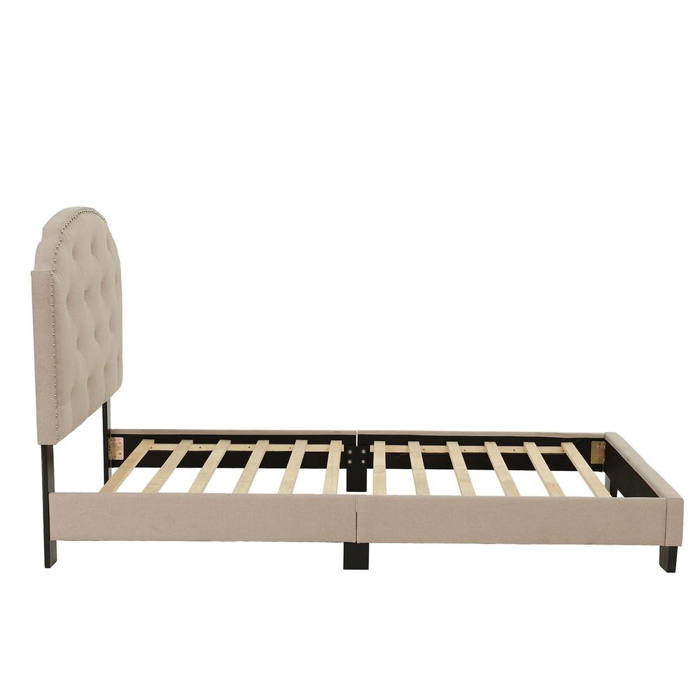 Twin Upholstered Bed Frame with Slats in Light Brown Burlap Fabric. Picture 4