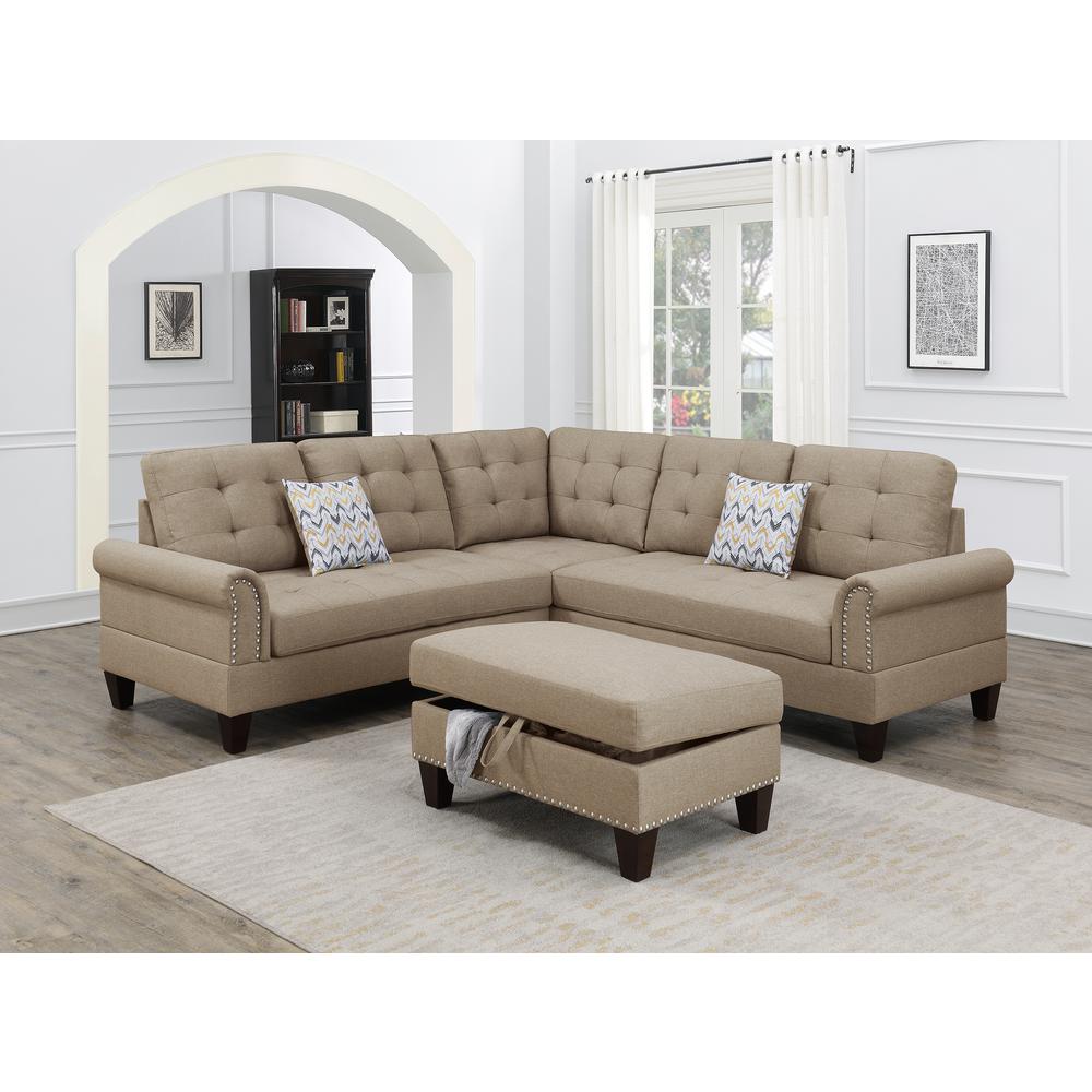 Poundex 3 Piece Fabric Sectional Set with Storage Ottoman in Beige, 90" W x 90" D x 36" H, Package Weight 132. Picture 6