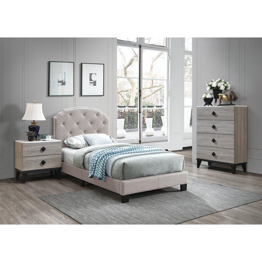 Twin Upholstered Bed Frame with Slats in Light Brown Burlap Fabric. Picture 5