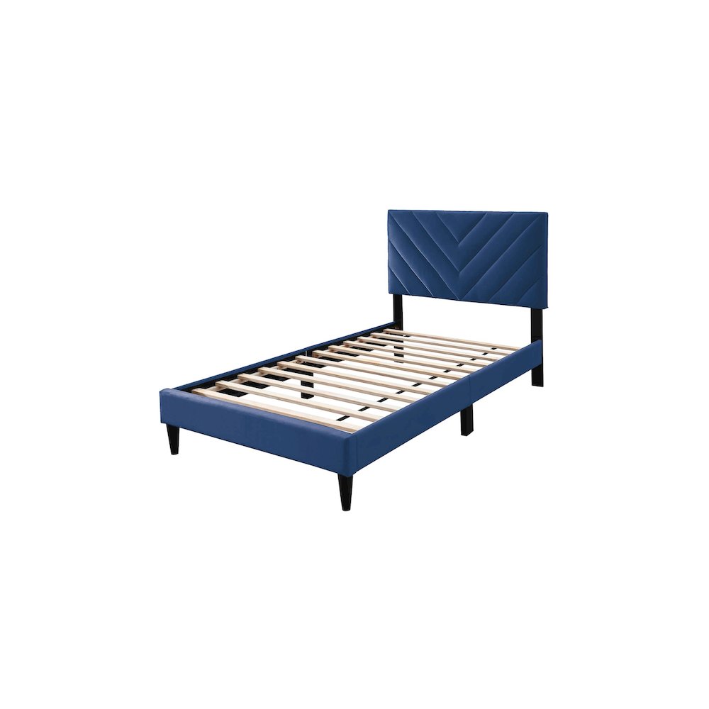 Adjustable V-Stitch Headboard Twin Bed Frame in Navy Blue Velvet. Picture 1