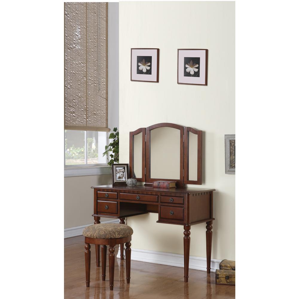 Poundex Wooden Makeup Vanity Set Desk, Mirror and Stool - Cherry, 43" W x 19" D x 54" H, Package Weight 91. Picture 6
