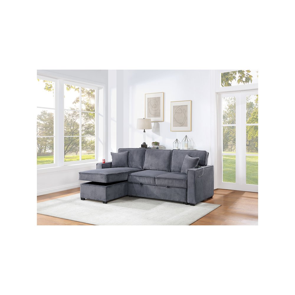 Corduroy Reversible Storage Chaise Convertible Sectional in Dark Gray. Picture 3