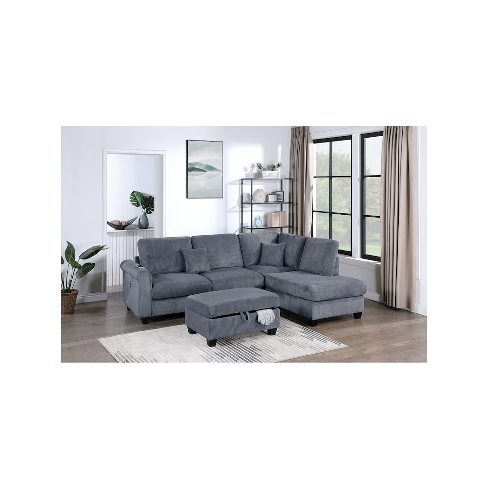 Upholstered Corduroy 3-Piece Sectional Set in Dark Gray. Picture 2