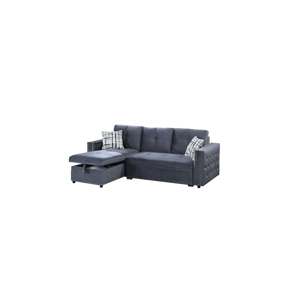 Upholstered Velvet Reversible Chaise Convertible Sectional in Smoke. Picture 1