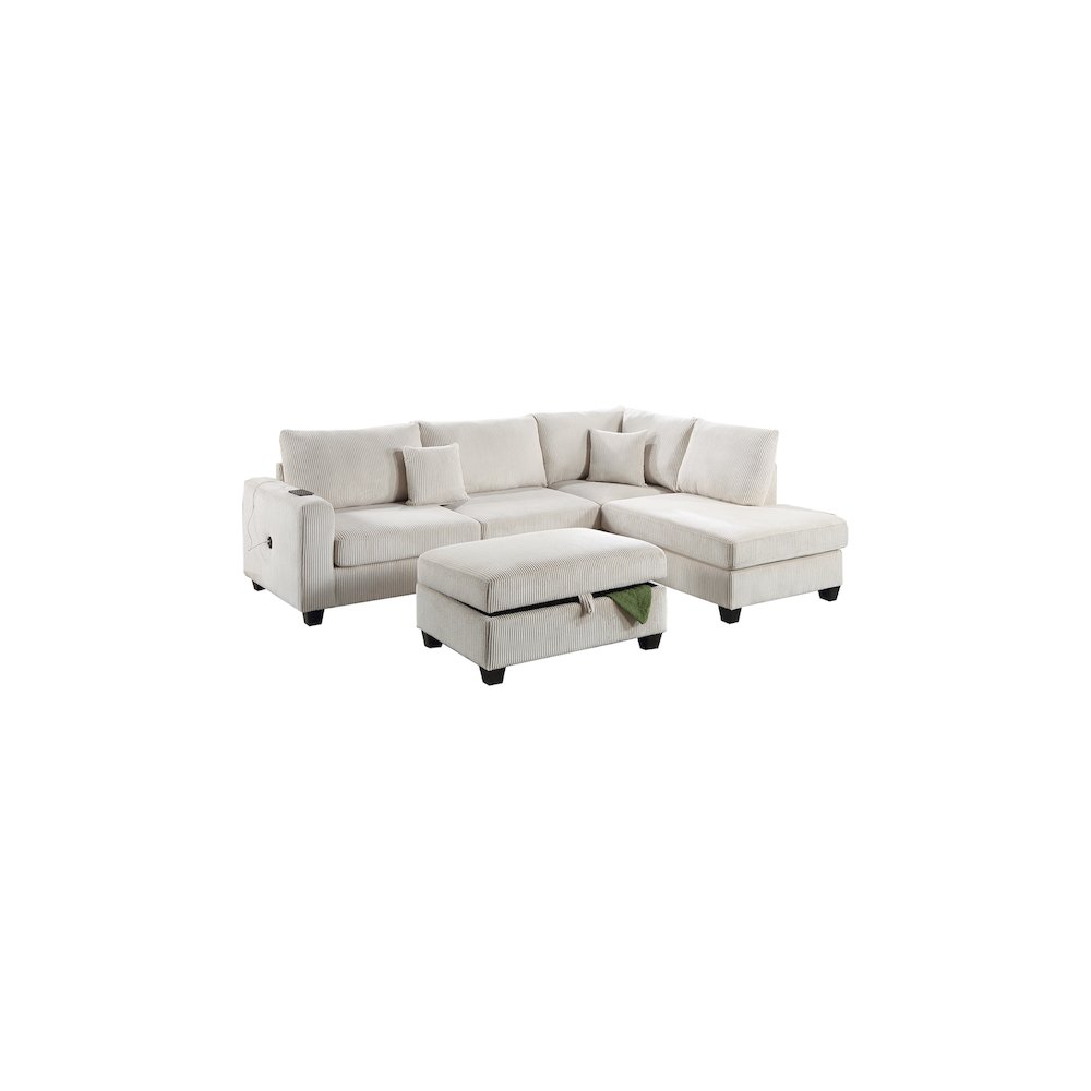 Upholstered Corduroy 3-Piece Sectional Set in Ivory. Picture 1