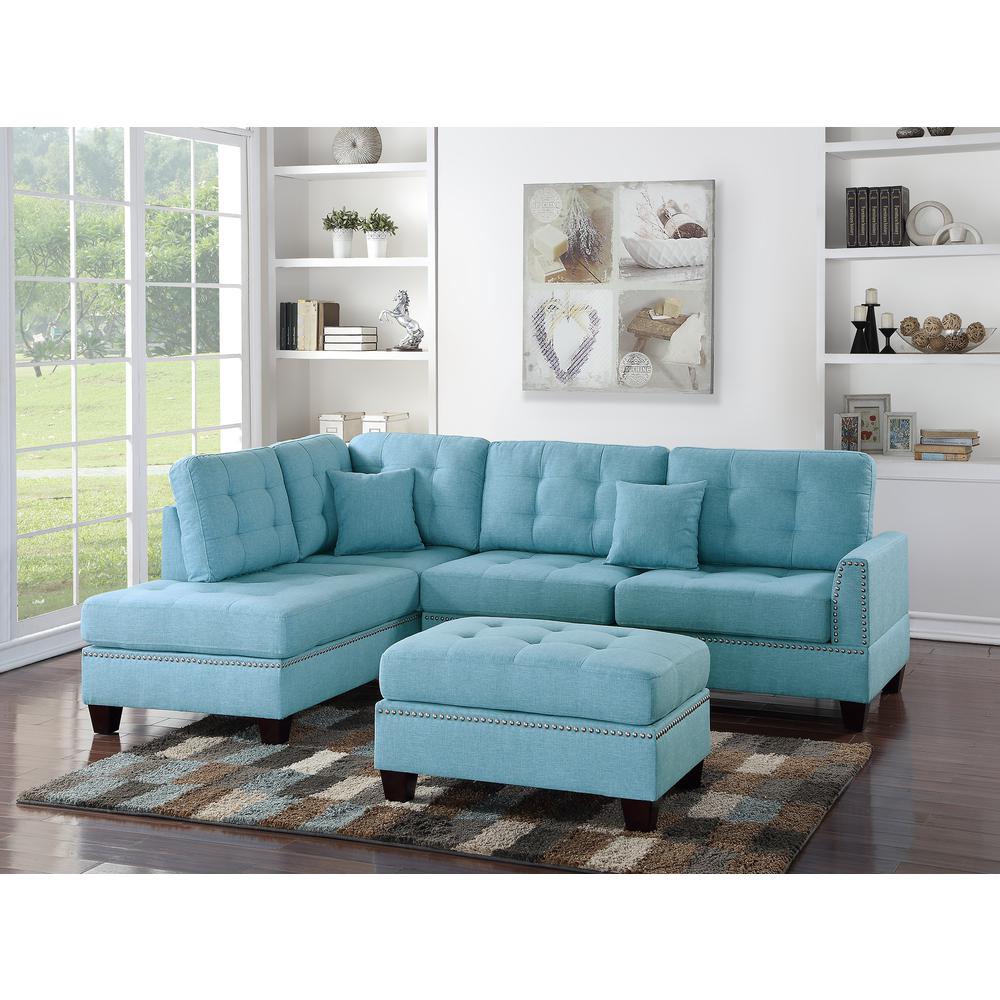 Poundex 3 Piece Fabric Sectional Set with Ottoman in Blue Gray, 104" W x 75" D x 35" H, Package Weight 97. Picture 7