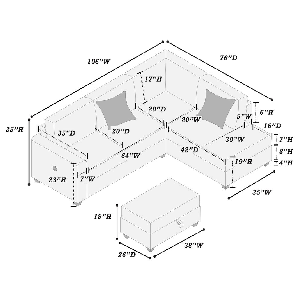 Upholstered Corduroy 3-Piece Sectional Set in Fog. Picture 3