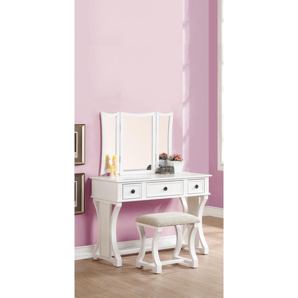 Poundex Wooden Makeup Vanity Set Desk, Mirror and Stool - White, 43" W x 19" D x 54" H, Package Weight 89. Picture 2