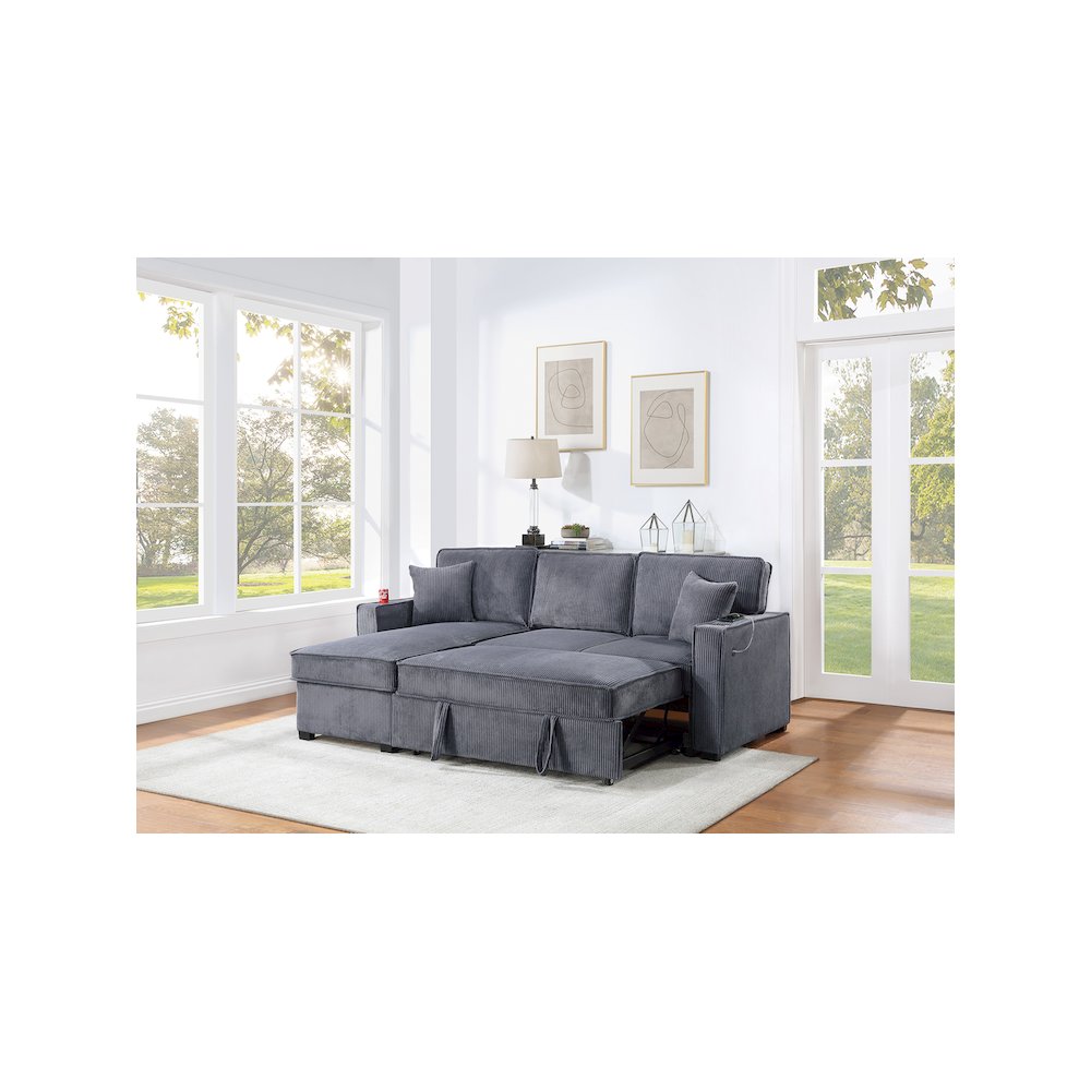 Corduroy Reversible Storage Chaise Convertible Sectional in Dark Gray. Picture 4