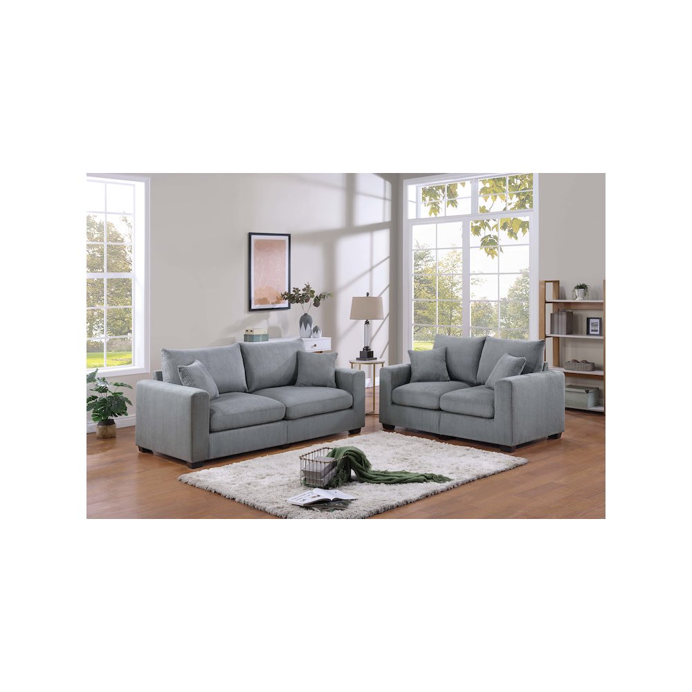 Upholstered Corduroy Sofa Loveseat Set in Fog. Picture 2