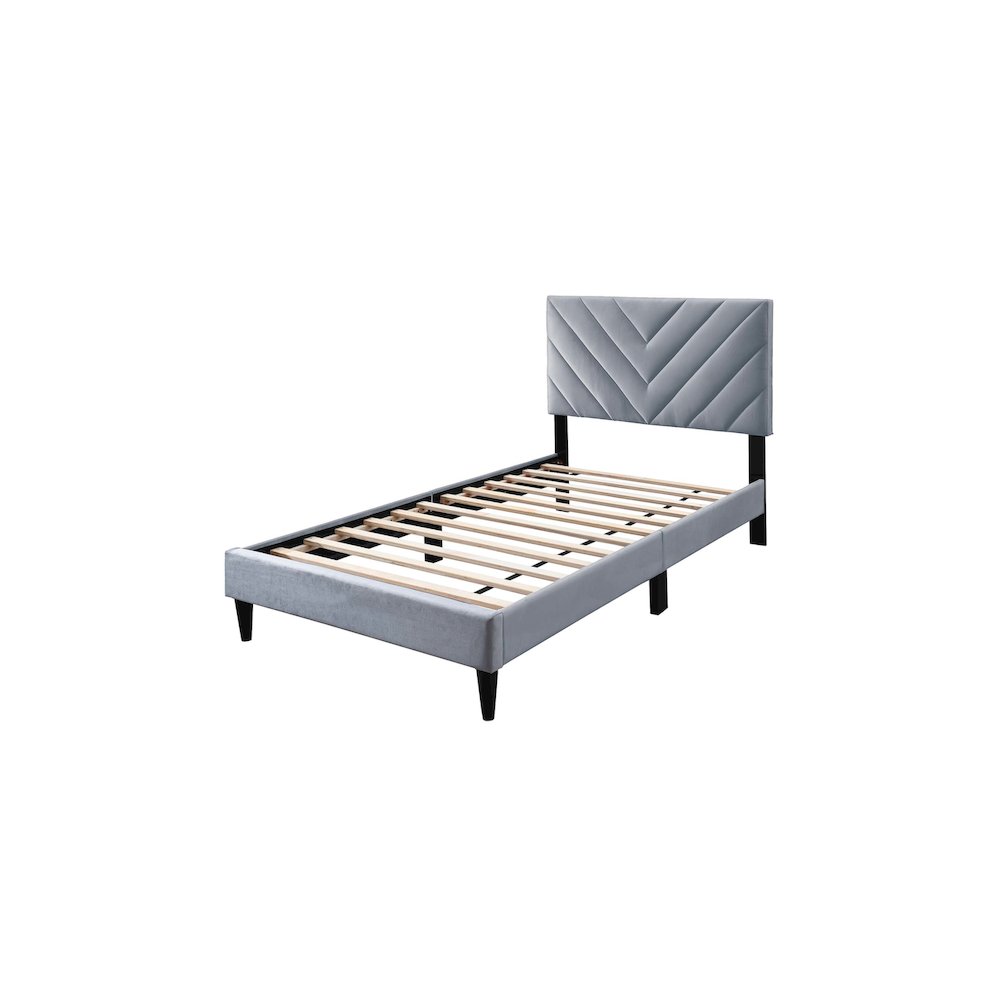 Adjustable V-Stitch Headboard Twin Bed Frame in Gray Velvet. Picture 1