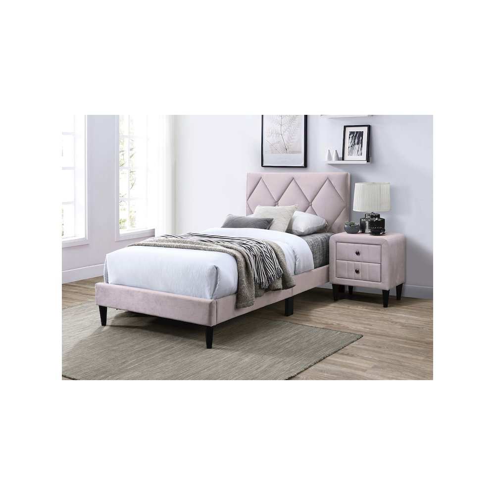 Adjustable Diamond Tufted Headboard Twin Bed Frame in Light Pink Velvet. Picture 4