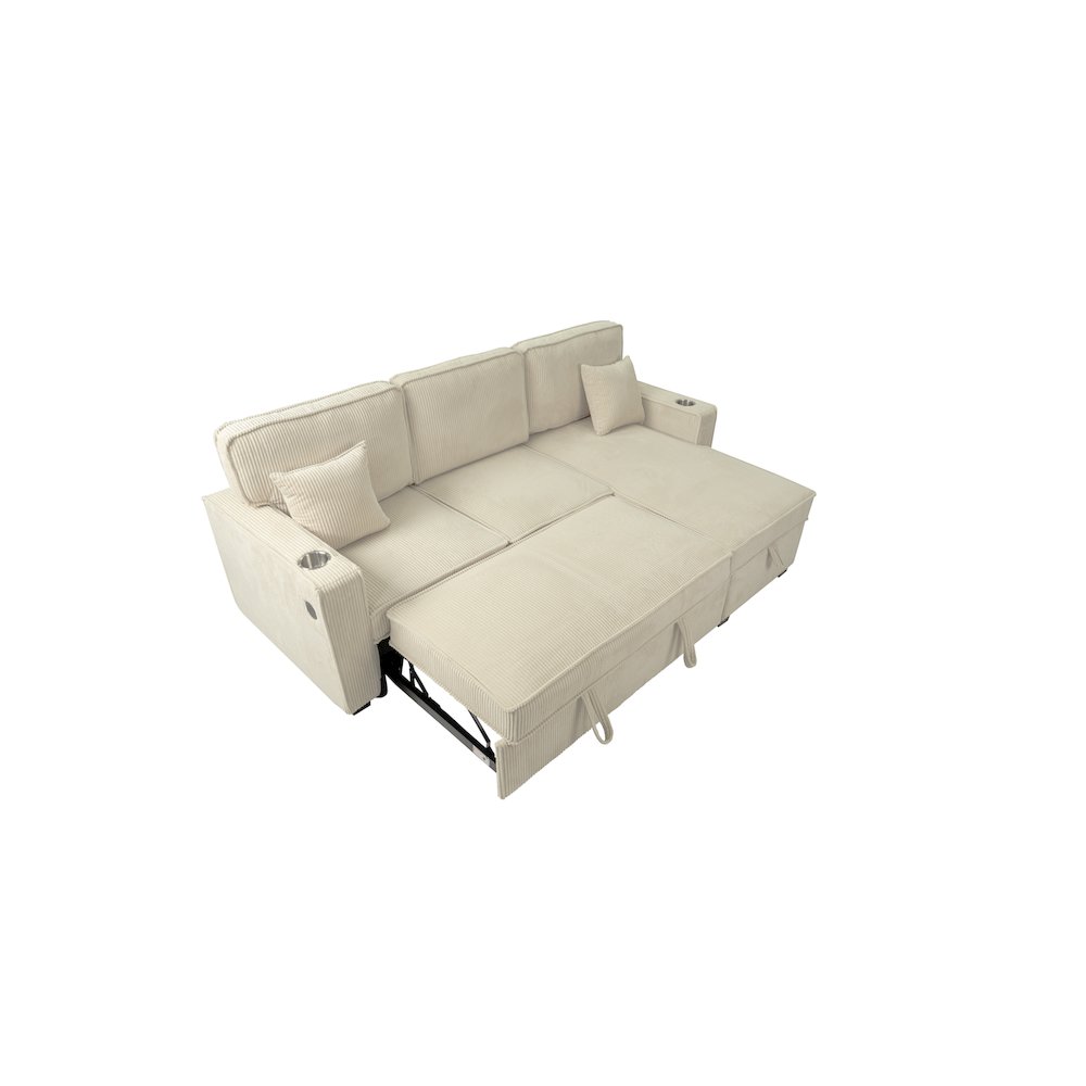 Upholstered Corduroy Reversible Storage Chaise Convertible Sectional in Beige. Picture 2