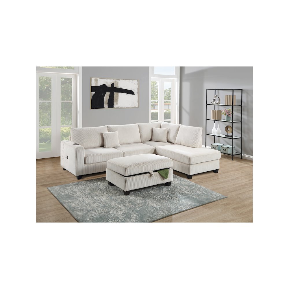 Upholstered Corduroy 3-Piece Sectional Set in Ivory. Picture 2