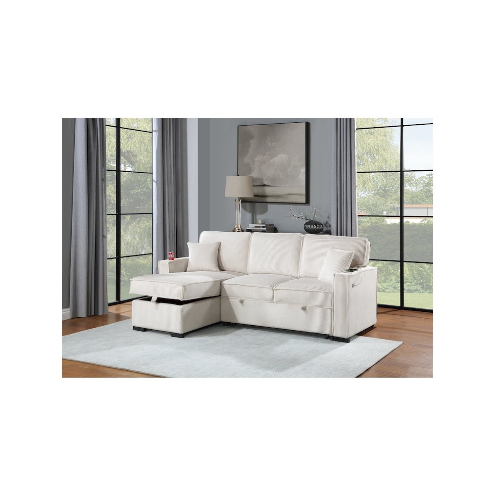 Upholstered Corduroy Reversible Storage Chaise Convertible Sectional in Beige. Picture 3