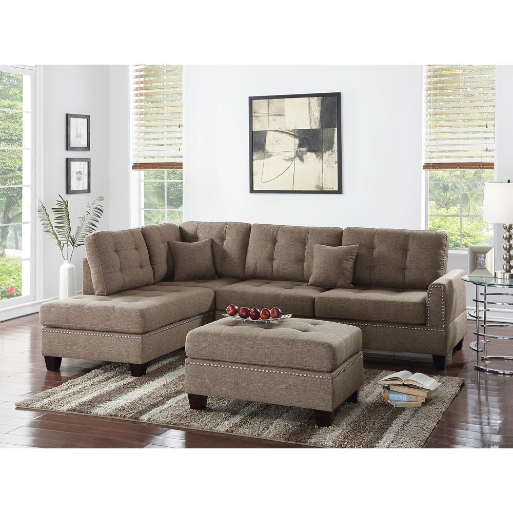 Poundex 3 Piece Fabric Sectional Set with Ottoman in Coffee, 104" W x 75" D x 35" H, Package Weight 97. Picture 10