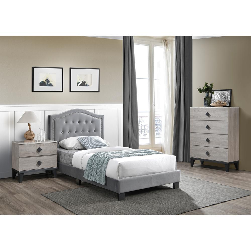Twin Upholstered Bed Frame with Slats in Gray Velvet Fabric. Picture 4