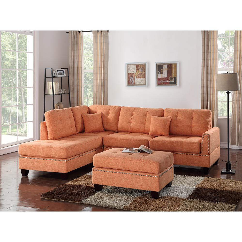 Poundex 3 Piece Fabric Sectional Set with Ottoman in Citrus Orange, 104" W x 75" D x 35" H, Package Weight 97. Picture 7