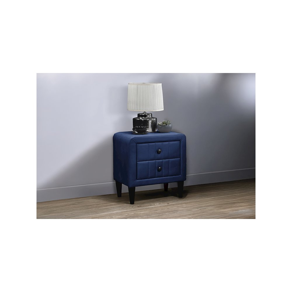 2-Drawer Velvet Upholstered Nightstand in Navy Blue. Picture 2