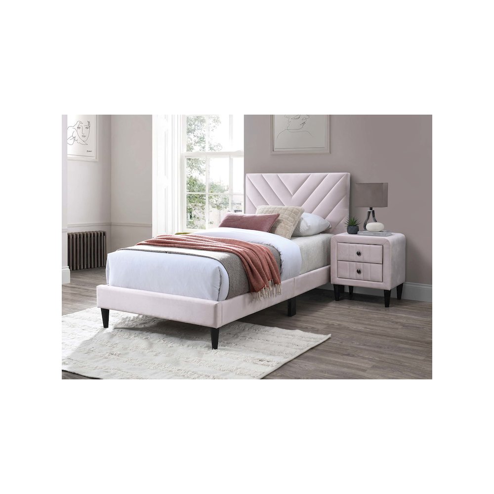Twin Adjustable V-Stitch Headboard Modern Velvet Platform Bed, Light Pink. Picture 3