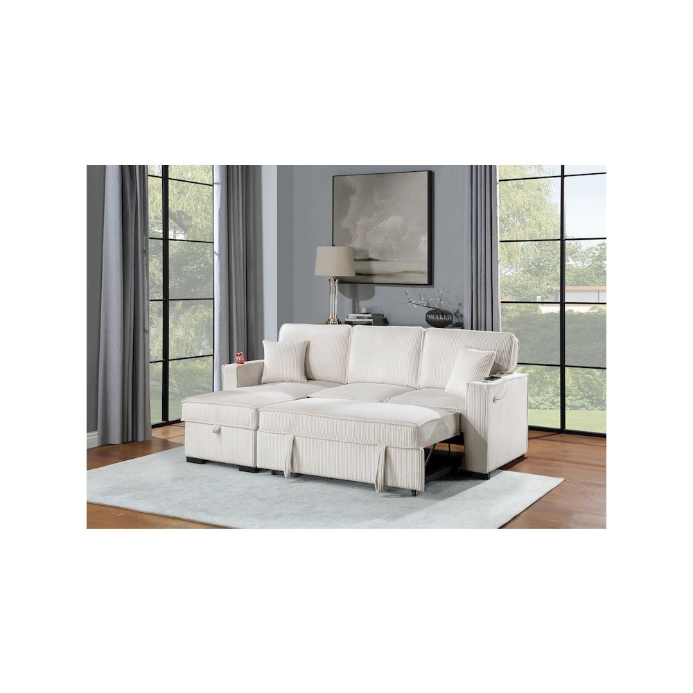 Upholstered Corduroy Reversible Storage Chaise Convertible Sectional in Beige. Picture 4
