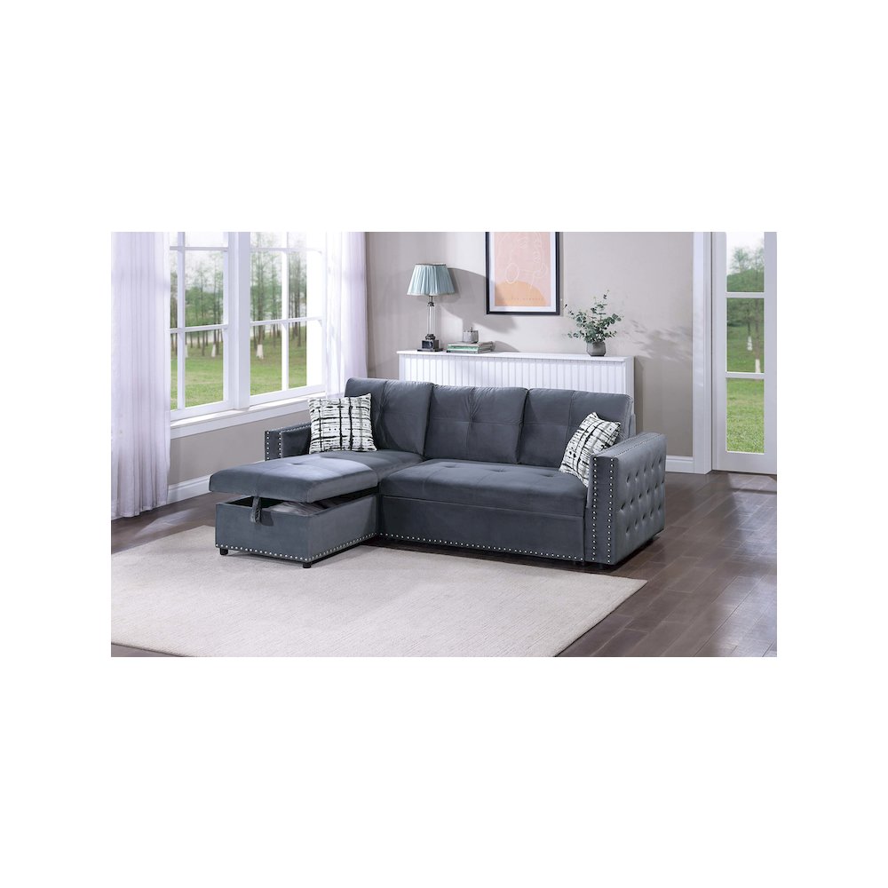 Upholstered Velvet Reversible Chaise Convertible Sectional in Smoke. Picture 3