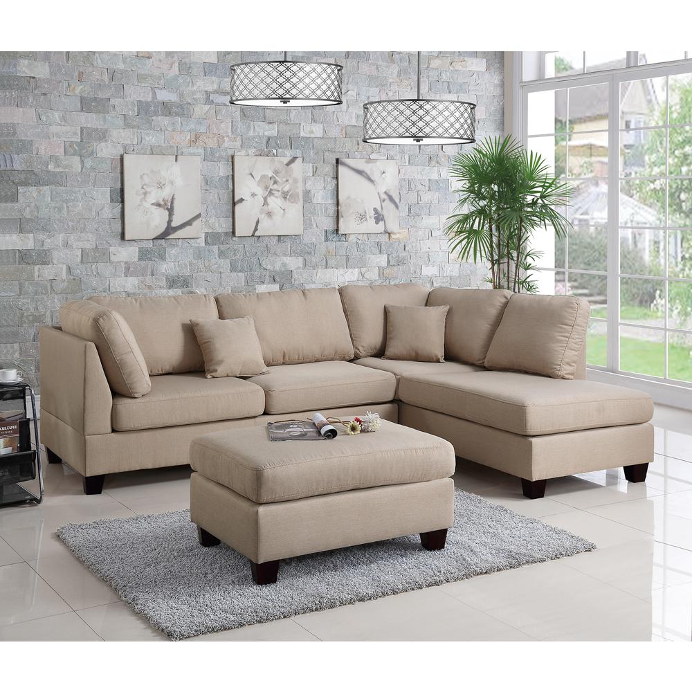 Poundex 3 Piece Fabric Sectional Set with Ottoman in Sand Brown, 104" W x 75" D x 35" H, Package Weight 86. Picture 5