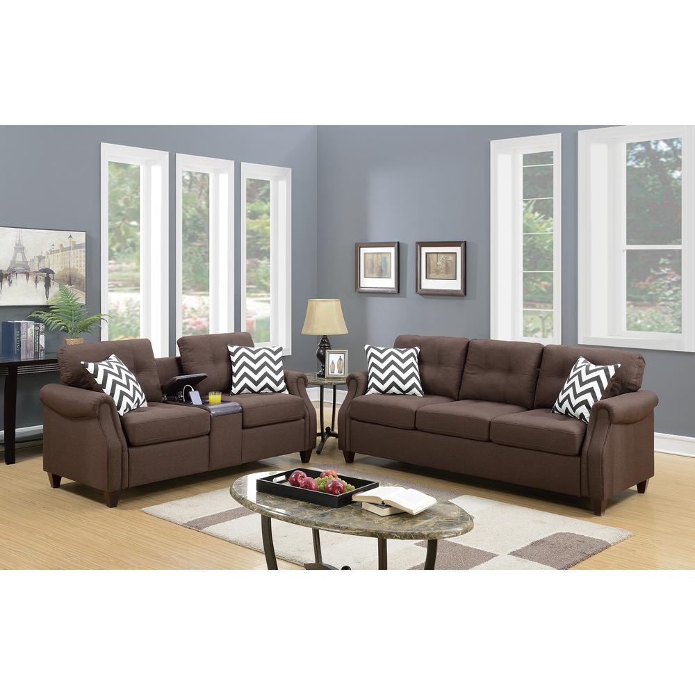 Poundex 2 Piece Fabric Sofa Set with USB Console in Dark Coffee, Sofa: 84" W x 33" D x 36" H, Loveseat with USB Console: 72" W x 33" D x 36" H, Package Weight 129. Picture 7