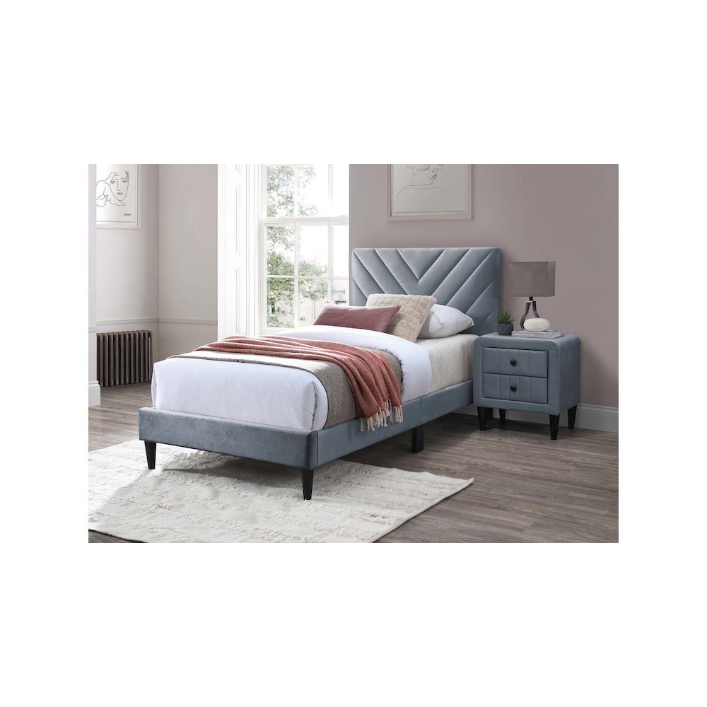 Adjustable V-Stitch Headboard Twin Bed Frame in Gray Velvet. Picture 3
