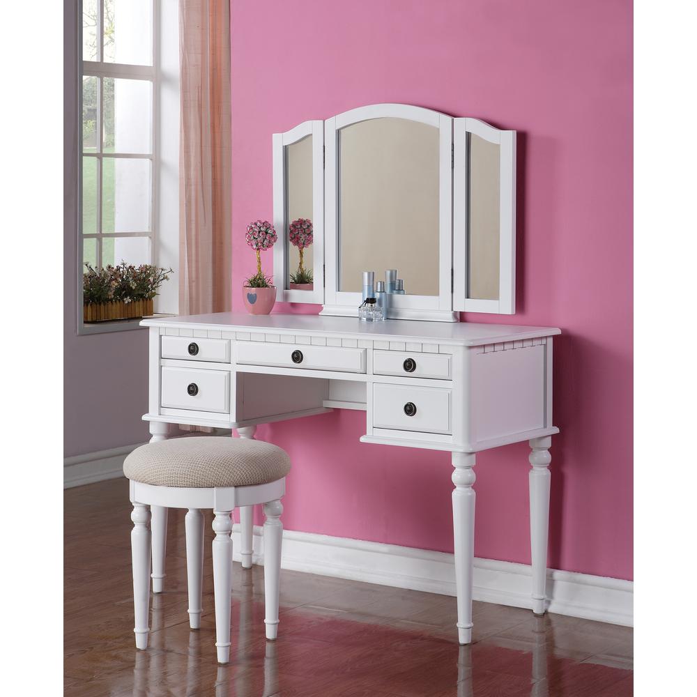 Wooden Makeup Vanity Set Desk, Mirror and Stool - White. Picture 8