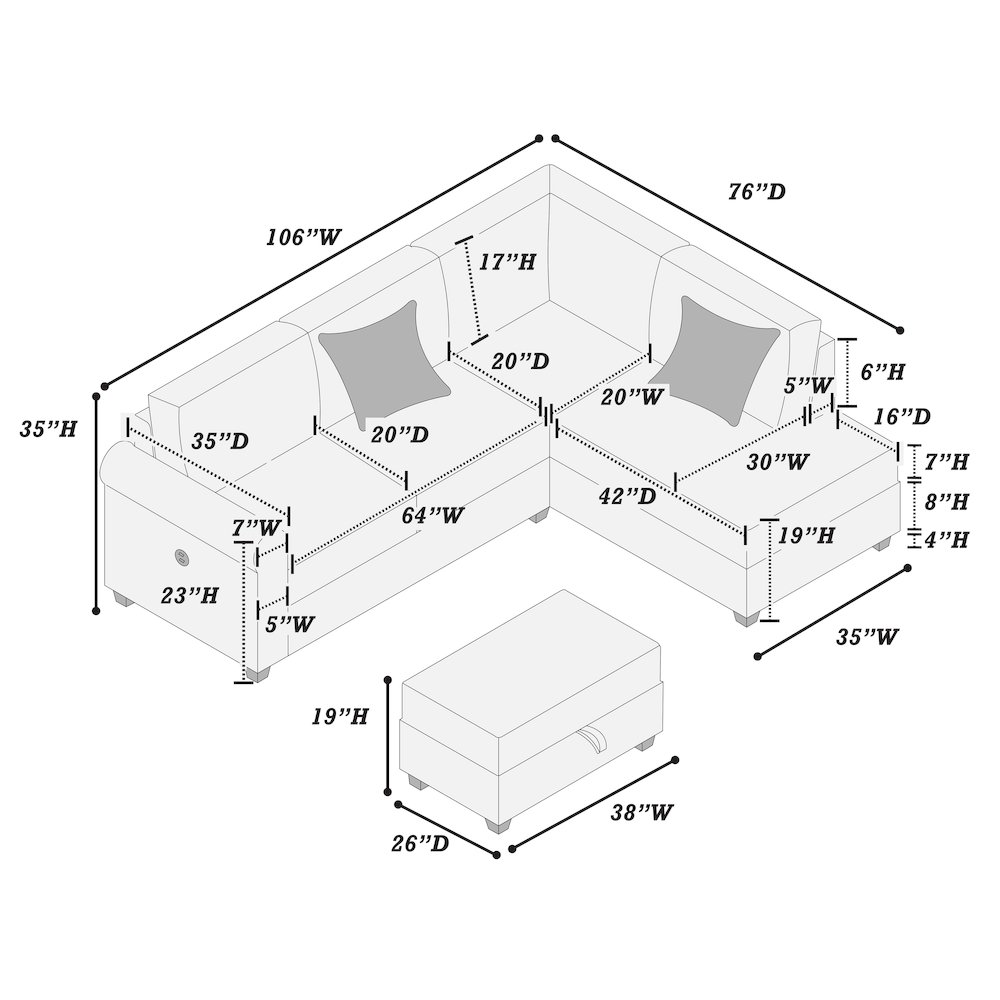 Upholstered Corduroy 3-Piece Sectional Set in Dark Gray. Picture 3